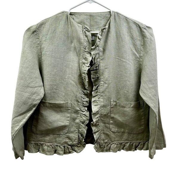 CP Shades Sausalito Pure Irish 100% Linen Ruffle Jacket Relaxed Fit Sage‎ S/M - Picture 1 of 10